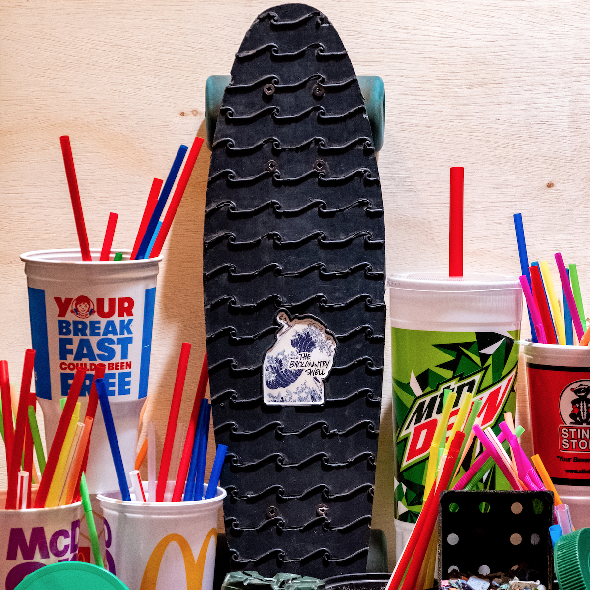 Plastic pollution with recycled skateboard